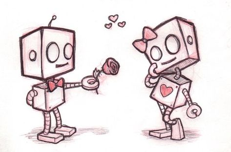 Love Drawings For Her, Robot Tattoo, Cute Drawings Of Love, Romantic Drawing, Drawings For Boyfriend, Cartoon Drawings Of People, Easy Love Drawings, Cute Couple Drawings, Cute Easy Drawings