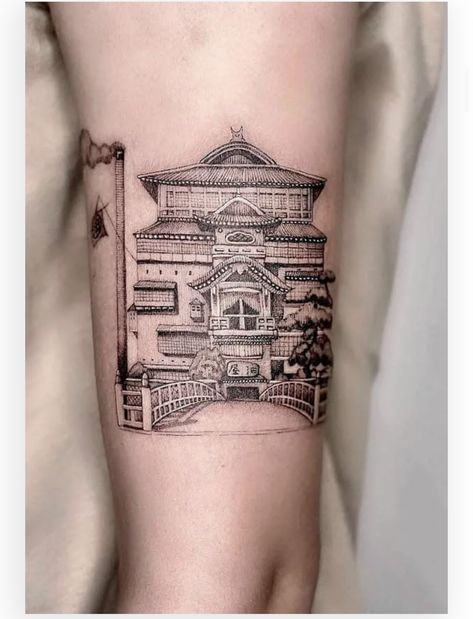 Japanese Building Tattoo, Pagoda Tattoo, Building Tattoo, Scene Tattoo, Tattoo Japanese, Ghibli Tattoo, Funky Tattoos, Circle Tattoos, Tattoo Board