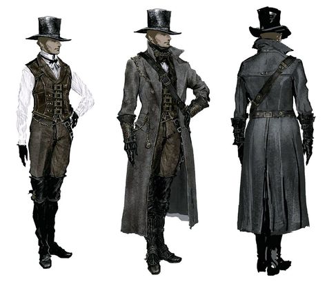 Hunter City Attire from Bloodborne Victorian Bounty Hunter, Bloodborne Outfits Concept Art, Vampire Hunter Clothes, Bloodborne Reference, Character Art Outfits, Bloodborne Character Art, Bloodborne Character Design, Bloodborne Fashion, Victorian Concept Art