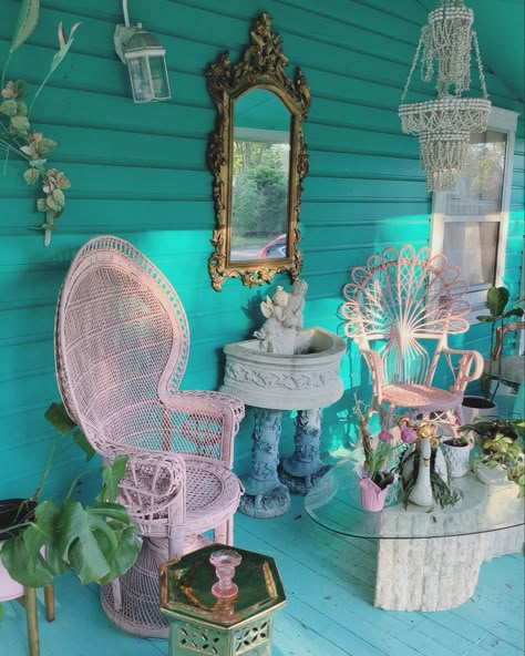 Maximalist Beach Decor, 80s Florida Interior, Vintage Florida Aesthetic Home, Maximalist Front Porch, Teal Pink Aesthetic, Maximalist Ocean Decor, Old Miami Decor, Coastal Maximalist, 80s Florida Aesthetic