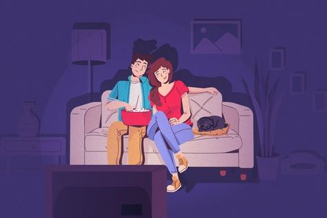 Couple watching tv in the night Free Vec... | Free Vector #Freepik #freevector #home #film #room #couple Couple Watching Movie Illustration, Couple Watching Tv Drawing, Family Watching Tv Illustration, Couples Watching Tv, Watching Tv Reference, Watching Tv Art, Movie Night Illustration, Watching Tv Drawing, Watching Tv Illustration