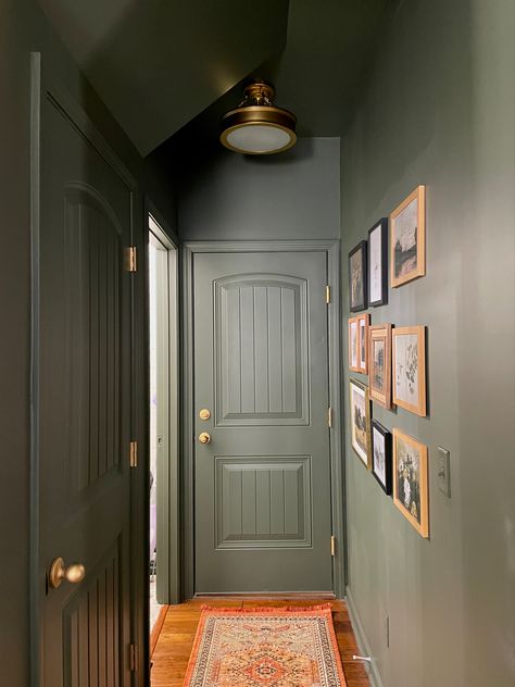 Hallway Accent Color, Hallway All One Color, One Colour Hallway, Safe Green Hallway, Monochrome Room Paint, Hallway Green Paint, Green Painted Hallway, One Color Hallway, Dark Painted Hallways