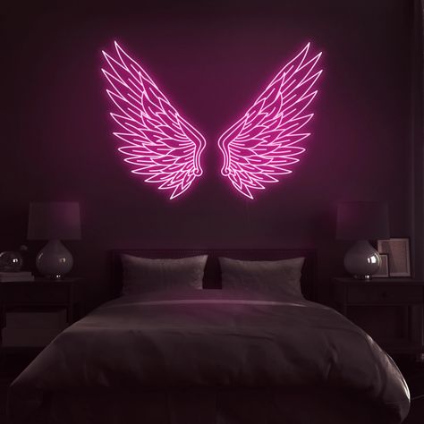 'Angel Wings' Neon Sign Neon Room Signs, Neon Signs Room, Wallpaper Ideas Bedroom, Neon Signs For Room, Neon Light Room, Neon Room Decor, Cool Neon Signs, Neon Lights Bedroom, Pink Neon Sign