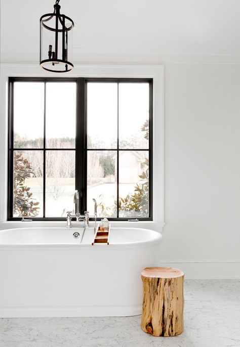 Traditionally, most windows are comprised of glass with a white vinyl frame, or they’re encased in trim featured in warm, brown-toned wood. But the latest trend in windows–black windows– is taking the design world by storm!They’re bold, they’re beautiful and I can’t get enough! Bold, Beautiful, BLACK Windows!   – Hadley Court - Interior Design Blog  #blackwindows #windowtreatments #interior Raised Hands, Black Window Frames, Bath Inspiration, European Farmhouse, Farmhouse Windows, European Home Decor, Black Windows, Bathroom Windows, Hamptons House