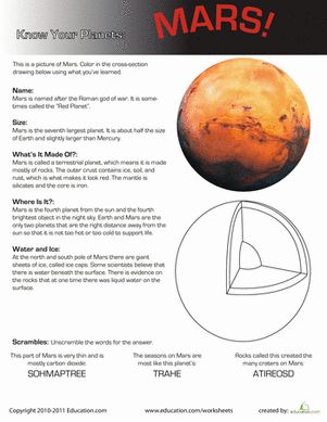 Third Grade Earth & Space Science Worksheets: Know Your Planets: Mars Third Grade Science Worksheets, Mars Facts, Mars Project, Science Experiments Kids Elementary, Planet Project, Third Grade Science, Earth And Space Science, Mission To Mars, Science Fair Projects