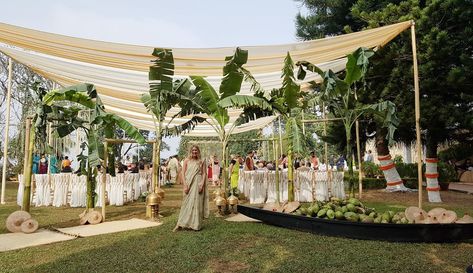 This Couple Had An Eco-friendly Wedding On A Tiny Island! Eco Friendly Wedding Mandap, Eco Friendly Wedding Decor Indian, Banana Leaf Mandap, Pheras Mandap, Banana Leaf Decor Wedding, Drape Ceiling, White Mehendi, Malayali Wedding, Eco Friendly Wedding Ideas