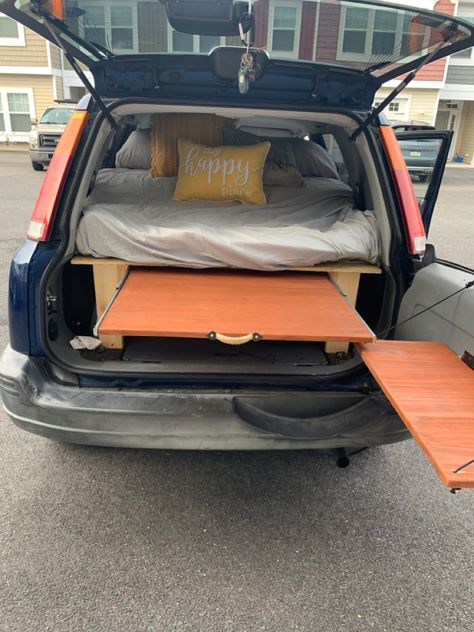 A simple car camer conversion with lots of table space and access to the crv rear table/wheel well Crv Camper Conversion, Honda Crv Camper, Crv Conversion, Honda Crv Camping, Crv Camping, Crv Camper, Suv Conversion, Car Camper Conversion, Suv Camper