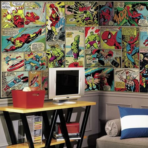 Scenes from your favorite Marvel comics meet fast, fun and affordable room décor with this Marvel Comics XL Wallpaper Mural by RoomMates Décor. Featuring thrilling scenes ripped straight from your favorite comic books, this Marvel Comics wall mural exhilarates any room. Designed with all of your favorite Marvel superheroes including Spider-Man, Captain America, Thor and many more! Spray each of the seven panels with water and add each panel side-by-side on the surface of your choice. Avengers Bedroom, Xl Wallpaper, Roommate Decor, Comic Panel, Comic Poster, Arm Chair Table, Removable Wall Murals, Affordable Decor, Chair Rail