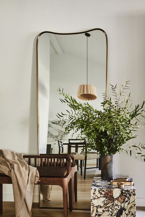 Disc Interiors, Brown Chair, Entryway Mirror, California Cool, Brown Living Room, Rectangle Mirror, West Lake, Round Mirror, Wall Treatments