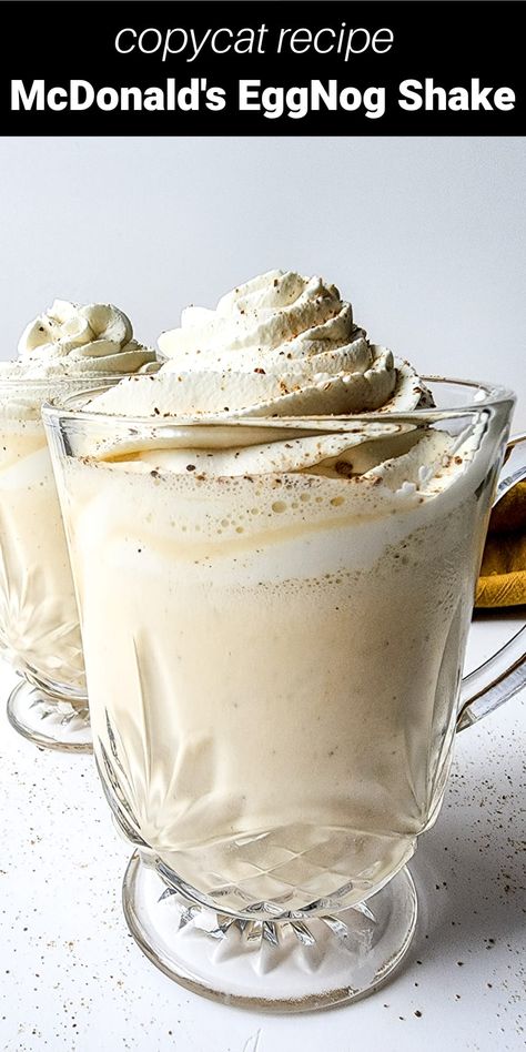 This copycat McDonald’s Eggnog Milkshake is a perfect stand-in for the seasonal treat served for a limited time at McDonald’s. It’s creamy and delicious, full of holiday eggnog flavor with a hint of nutmeg, and it’s the perfect sweet treat to welcome the holiday season. Egg Nog Shake Recipe, Eggnog Shake Recipes, Egg Nog Milk Shake, Baileys Eggnog Recipe, Eggnog Frappuccino, Eggnog Dessert Recipes, Milk Shake Recipes, Eggnog Protein Shake, Christmas Sundaes