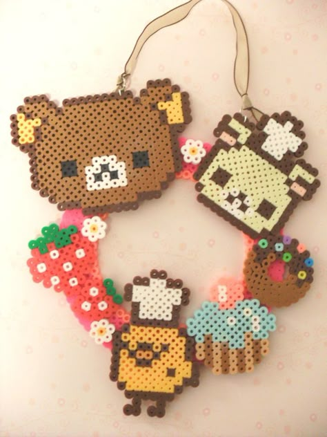 Rilakkuma wreath Perler Designs, Kandi Perler, Perler Creations, Pearl Beads Pattern, Hello Kitty Crafts, Perler Bead Designs, Perler Bead Crafts, Perler Crafts, Diy Perler Bead Crafts