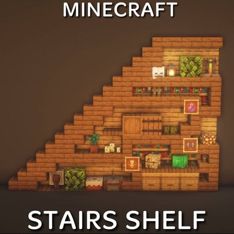 𝗠𝗶𝗻𝗲𝗰𝗿𝗮𝗳𝘁 𝗕𝘂𝗶𝗹𝗱𝘀 & 𝗜𝗻𝘀𝗽𝗶𝗿𝗮𝘁𝗶𝗼𝗻 on Instagram: “Follow @minecraftbuild.tips! Would you rebuild this Minecraft stairs shelf? 🤔💭 Built by @letsgo_minecraft! 🌿 Checkout my YouTube more!…” Minecraft Stair Design Ideas, Minecraft House Stairs Ideas, Minecraft Houses Stairs, Minecraft Wall Shelf Ideas, Stairs Idea Minecraft, Minecraft Build Ideas Interior, Minecraft Bookcase Ideas, Shelf Design Minecraft, Cute Minecraft Basement Ideas