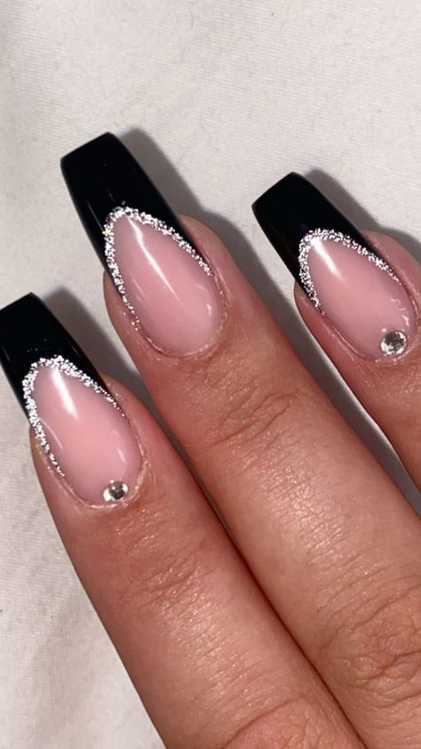 Glitter Nails With Black Tips, Nail Art For Black Dress, Black French Tips With Diamonds, Black Tip Nails With Heart, Black And Gem Nails, Nails For A Black Prom Dress, Nails For A Ball, Engagement Nails Black, Black Nail With Rhinestones