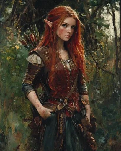 ↑↑↑ Larger size on website 🔸 The image depicts a female elf with long, flowing red hair. She wears a brown leather jerkin over a Red Hair Elf Female, Fantasy Elf Art, Female Elf Warrior, Elves Aesthetic, Red Hair Elf, Elven Art, Leather Jerkin, Elven Archer, Quiver Of Arrows