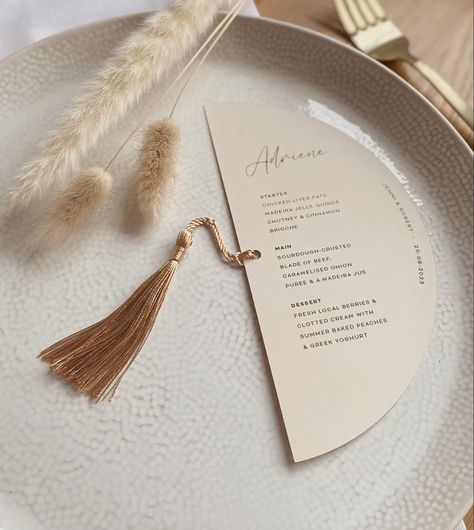 Boho Menu Card, Wedding Menu Tassel, Boho Menu Design, Wedding Menu Ideas Design, Menu Place Cards, Minimal Modern Wedding, Circle Arch, Menu Card Design, Boho Arch