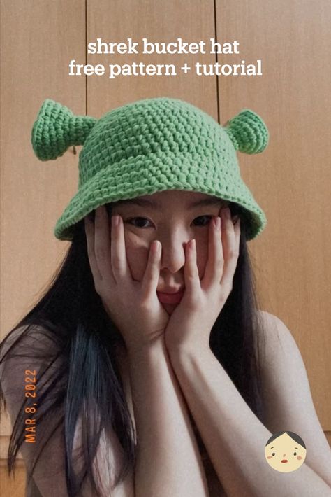 how to crochet a shrek bucket hat beginner friendly step by step tutorial easy halloween costume Shrek Beanie Crochet Pattern, Shrek Crochet Hat Free Pattern, Crochet Shrek Bucket Hat Pattern Free, Shrek Crochet Bucket Hat, Shrek Bucket Hat Crochet Pattern, Diy Crochet Halloween Costume, Cute Crochet Bucket Hat Ideas, Chowder Crochet Hat Pattern, Easy Crochet Halloween Costumes