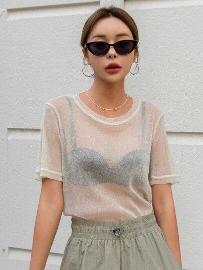 Sheer Top Streetwear, Sheer T Shirt, Sheer Layering Top, Sheer White Top Outfit, Mesh Top Under Shirt Outfit, White Mesh Top Outfit, Sheer Long Sleeve Top Outfit, Transparent Top Outfit, Transparent Shirt Outfit