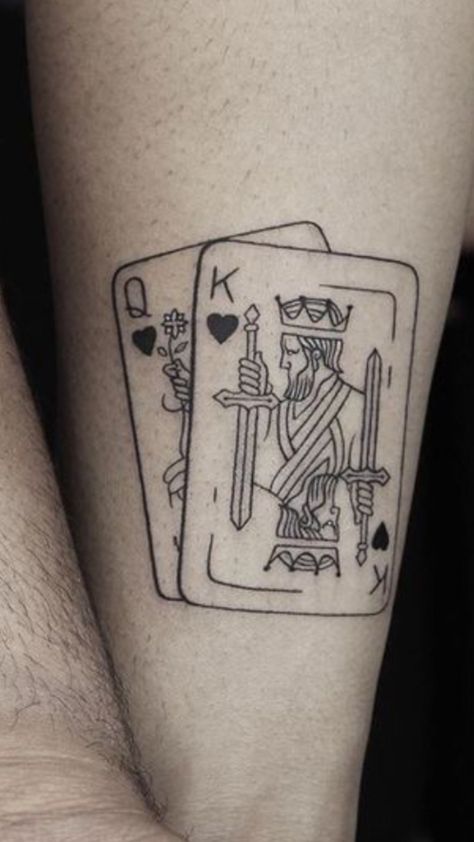 Kings Card Tattoo, Minimalist Card Tattoo, King And Queen Cards Tattoo, Fine Line Playing Card Tattoo, Euchre Tattoo, King Playing Card Tattoo, Cards Tattoo For Men, Card Tattoo Traditional, Hand Holding Cards Tattoo