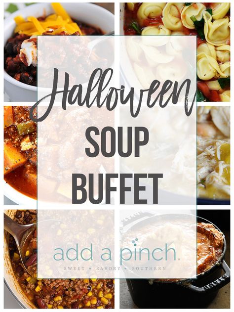 Halloween Crockpot, Soup Party Ideas, Buffet Menu Ideas, Soup Buffet, Halloween Soup, Soup Menu, Halloween Potluck, Soup Bar, Luncheon Menu