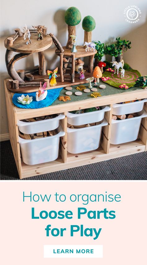 Storage and organisation for loose parts by Little Lifelong Learners. Loose parts are perfect for small world play and art and craft activities for toddlers and preschoolers. We're sharing three easy ideas for storing loose parts so these small pieces are organised and easily accessible for kids. Read the blog post to learn more about how we use Ikea Trofast shelves, compartment storage boxes, and food storage containers to organize our loose parts. Kindergarten Small World Play, Loose Parts Classroom Set Up, Wooden Loose Parts Play, Kitchen Loose Parts, Loose Part Storage, Our World Preschool Activities, Loose Parts Center Preschool, Loose Parts Storage Ideas, Small World Eyfs Ideas