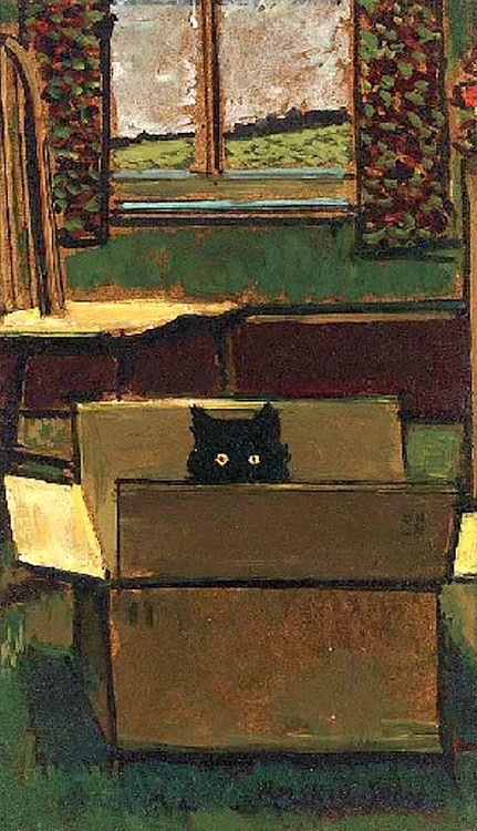 Cat in a cardboard box, by Ruskin Spear National Cat Day, Arte Peculiar, Funny Friends, Art Mignon, Black Cat Art, A Black Cat, Arte Sketchbook, Arte Inspo, Art Et Illustration