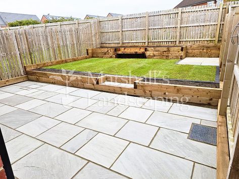 Micklefield, Leeds (Garden Landscaping Project 174) Step Up Patio, Garden With Sleepers, Different Level Garden Ideas, Sleeper Steps Garden, Patio Steps Down To Garden, Small Rectangle Garden Ideas, Two Level Garden Ideas, Garden Retaining Wall Ideas, Garden Sleeper Ideas