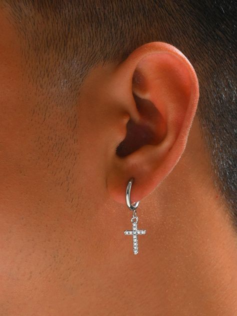 Silver Cross Earrings Men, Cross Ear Piercings Men, Cross Earings Piercings Men, Men Earing Ideas, Cross Earrings Men, Cross Pendant Men, Earring Inspo, Cross Decor, Earrings Outfit