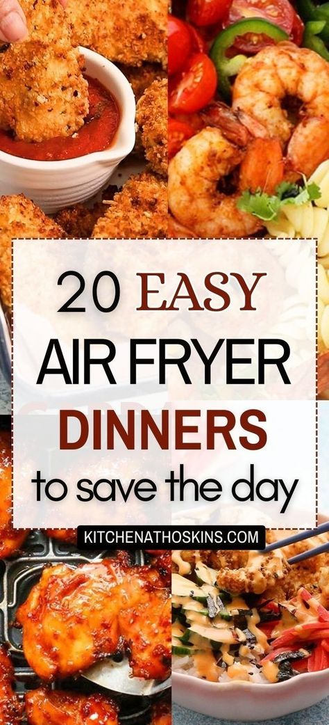 Discover easy air fryer dinner recipes for family that are healthy, quick and mostly ready in 30 minutes. You will find easy meals using chicken, tenders, burgers and also seafood dishes like salmon, shrimp and tilapia along with vegetarian dinners like eggplant parmesan for an easy dinner solution. Get the best air fryer dinner ideas at kitchenathoskins.com. Easy Meals For Air Fryer, Weeknight Air Fryer Recipes, Easy Air Fryer Dinners For 2, Easy Supper Ideas Quick Air Fryer, Fast Healthy Air Fryer Meals, Air Fry Dinner Recipes For Family, Easy Quick Air Fryer Meals, Dinner In The Air Fryer, Easy Air Fryer Meals For Two