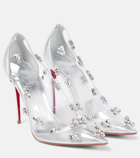 Degraqueen embellished PVC pumps in silver - Christian Louboutin | Mytheresa White Louboutin Heels, Louboutin Wedding Heels, White Louboutin, Louboutin Wedding Shoes, Christian Louboutin Wedding, Christian Louboutin Heels Outfit, Louboutin Flats, Clear Pumps, Louboutin Online