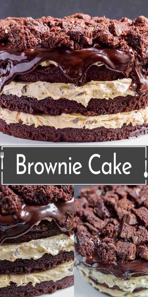 This decadent brownie cake recipe blends three beloved desserts: the rich, fudgy texture of brownies, irresistible chocolate chip cookie dough, and the structure of a cake. Cookie Dough Brownie Cake Recipe, Tim Tam Brownie Cake Outback, Layered Brownie Cake, Chocolate Chip Brownie Cake, Brookie Birthday Cake, Homemade Birthday Cake For Boyfriend, Cake Brownies Recipe Homemade, Brownie Tower Cake, Brownie Birthday Cake Ideas