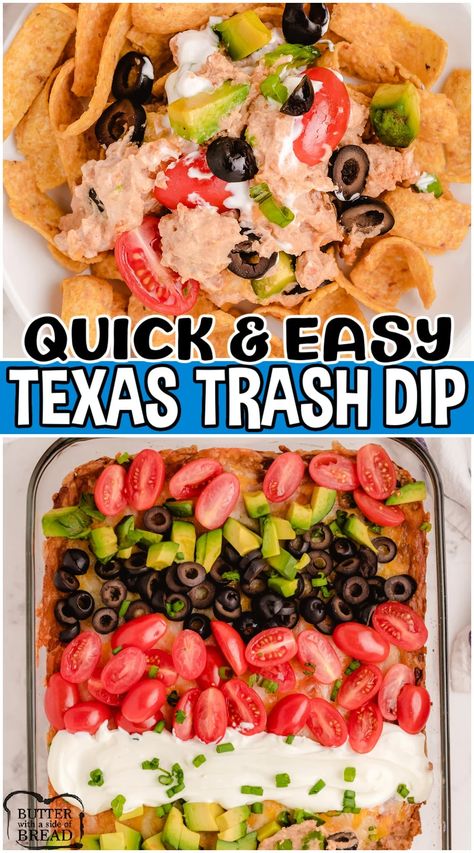 bean dip Texas Trash Bean Dip, Recipe With Refried Beans, Trash Dip Recipe, Hearty Appetizer, Texas Trash Dip, Layered Dip, Texas Trash, Cheese Taco, Canning Refried Beans