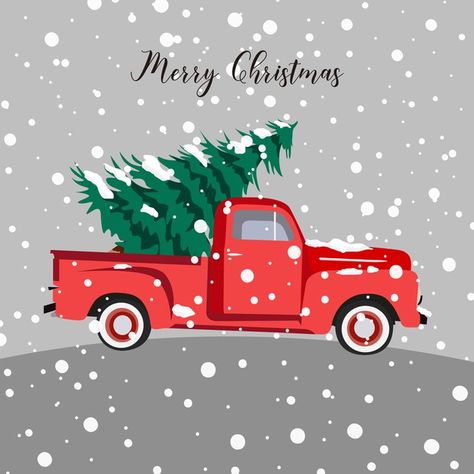 Christmas Car With Tree, Car And Christmas Tree, Christmas Truck Drawing, Christmas Car Drawing, Christmas Truck Wallpaper, Christmas Car Illustration, Red Truck Christmas Tree Theme, Red Truck Christmas Pictures, Christmas Tree On Car