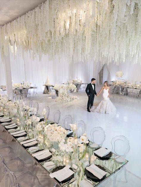 White Wedding Ceiling Decor, Glamorous Wedding Venue, Chiffon Draping, Africa Wedding, White Weddings Reception, Wedding Ceiling, White Wedding Decorations, Dream Wedding Reception, Wedding Hall Decorations