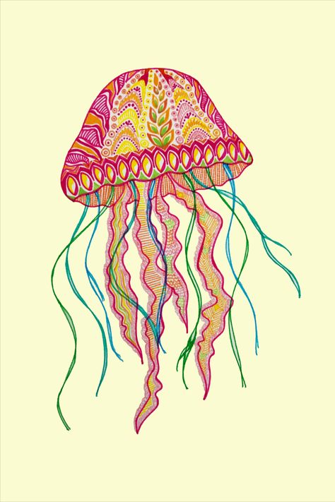 Jellyfish Zentangle/ Doodle art, inspired by this dainty looking sea creature that has been bobbing around for centuries and centuries. :) Free-hand drawn using fineliner colour pens. Zentangle Doodle Art, Jellyfish Illustration, Fineliner Art, Jellyfish Drawing, Zentangle Doodle, Jellyfish Art, Free Hand Drawing, Sea Creature, Zentangle Art