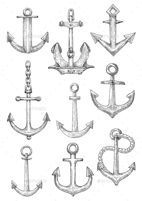 Decorative Nautical Anchors with Chain and Rope — JPG Image #nautical #travel • Available here → https://graphicriver.net/item/decorative-nautical-anchors-with-chain-and-rope/17000235?ref=pxcr Anchor Tattoos, Anchor With Chain Tattoo, Nautical Drawing, Anchor Drawings, Rope Tattoo, Chain Tattoo, Anchor Decor, Nautical Tattoo, Geniale Tattoos