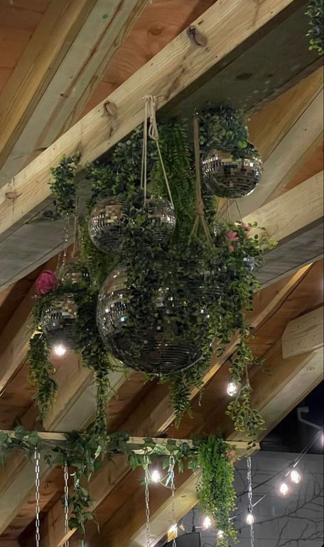 Disco Ball Ceiling Fan, Disco Ball Made Out Of Cds, Maximalist Disco Ball, Disco Balls And Plants, Disco Light Fixture, Mirror Ball Home Decor, Disco Ball Shapes, Disco Ball And Greenery Ceiling, Disco Balls From Ceiling