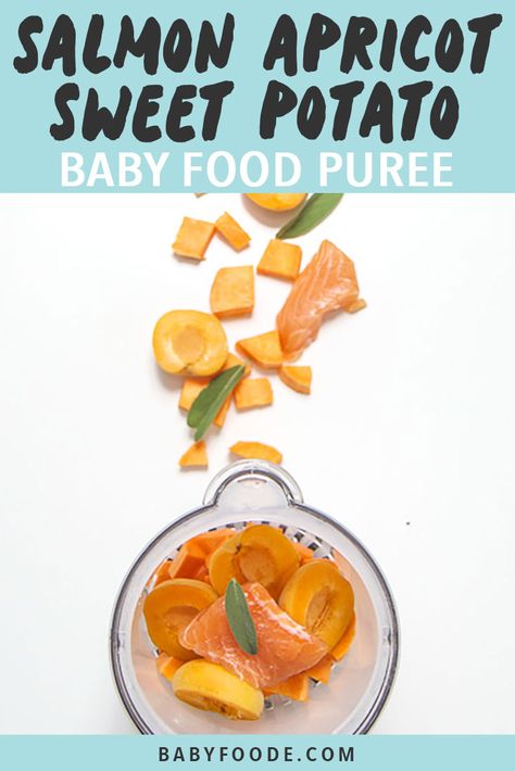 This Salmon, Sweet Potato + Apricot Baby Food Puree is loaded with protein, Omega-3 fatty acids, vitamin A and C and calcium. With all that goodness this puree is easily a superpower puree for baby! #babyfood #salmon #sweetpotato #stage2 Salmon Baby Food Recipes, Sweet Potato Recipes For Baby, Spinach Baby Food, Bean Food, Baby Spinach Recipes, Sweet Potato Baby Food, Sweet Potato Puree, Baby Food Puree, Puree Recipes