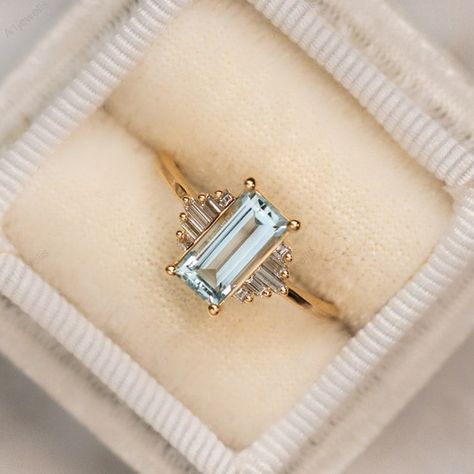 Fantasy Rings, Engagement Ring Aquamarine, Emerald Cut Aquamarine Ring, Aquamarine Wedding Ring, Promise Rings Vintage, Baguette Engagement Ring, March Birthstone Ring, Blue Engagement Ring, Local Eclectic