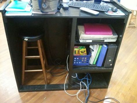 GOOD IDEA: DIY Standing Teacher Desk - This is just the business side. From the front, it's a fairly unobtrusive podium. (Click through to see pics taken from additional angles.) LOVE this podium!  Would just need to be painted really cute :) Teacher Document Camera Desk, Document Camera Classroom Setup, Standing Teacher Desk, Classroom Podium, Teacher Podium, Project Lead The Way, Drawing Dimensions, Teacher Desk Organization, Arts Background