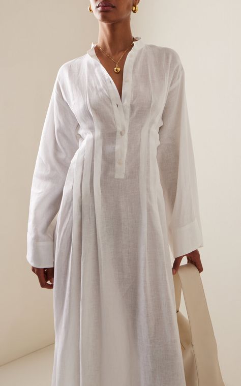 Nikko Pleated Organic Linen Maxi Dress By Bondi Born | Moda Operandi Summer Long Sleeve Dress, Long White Linen Dress, Long Summer Dress Outfits Casual, Cool Summer Outfits Women, White Long Sleeve Maxi Dress, White Dress Summer Casual, Linnen Dress, Linen Dress Outfit, Maxi White Dress