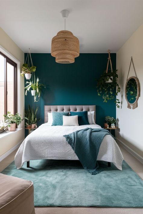 Deep Teal Accent Wall Bedroom, Teal House Interior, Window Side Decor Ideas, Peacock Teal Bedroom, Green Blue White Bedroom, Cerulean Blue Bedroom, Sage And Teal Bedroom, Small Room Accent Wall Ideas, Teal Bedroom Ideas For Adults