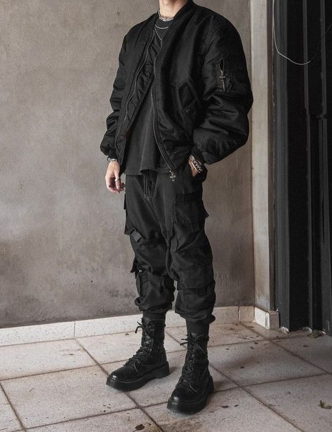 Mens Techwear Aesthetic, Tech Wear Aesthetic Outfits, Men Outfits Techwear, Black Tech Outfit, Men’s Cyberpunk Outfit, Tactical Wear Aesthetic Men, Techwear Outfits Aesthetic, Techwear Men Outfit Aesthetic, Outfit Ideas Techwear