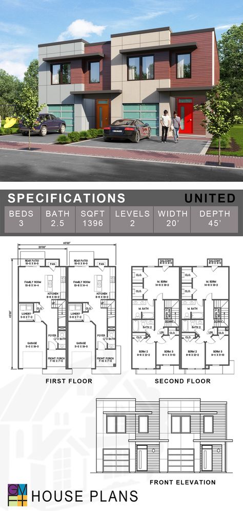 The inspiration for the name of our United model plan comes from the "The Liberty Song," written in 1768 …”join hand in hand, brave Americans all, by uniting we stand, by dividing we fall.” This plan provides two contemporary townhouse units, identical layouts on each side with a single-car garage and three bedrooms on the second floor. The total width of each unit is 20’0”, and with a modification request, we could provide plans for additional attached units, comprising groups of up to seven. Unit Floor Plan, Shared House, Twin House Design Plan, Rental Units Design, Houses With Apartments Attached, Second Floor Layout, Modern Townhouse Plans, Townhouse Designs Plan, Twin House