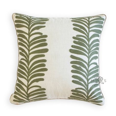 Neutral Fabric Patterns, Fern Pillow, Olive Green Pillow, Custom Pillow Covers, Embroidered Pillow Covers, Outdoor Pillow Covers, 20x20 Pillow Covers, Botanical Pattern, Geometric Pillow