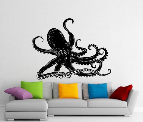 Octopus Decal Sea Animal Wall Vinyl Sticker Home Living Room Interior Art Decoration Mural (200a) by HannahLarsenDesigns on Etsy https://www.etsy.com/listing/253655332/octopus-decal-sea-animal-wall-vinyl Water Bedroom, Bathroom Vinyl Decals, Fun Bathroom Decor, Art Octopus, Bathroom Wall Stickers, Bathroom Vinyl, Octopus Wall Art, Art Window, Octopus Tentacles