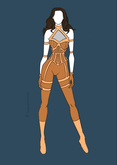 Woman Superhero Suit Design, Gold Superhero Suit Female, Women Superhero Suit Ideas, Orange Superhero Suit, Avengers Suit Ideas, Superhero Oc Female Outfit, Cool Superhero Suit Designs, Hero Outfits Design Female, Superhero Suit Design Female