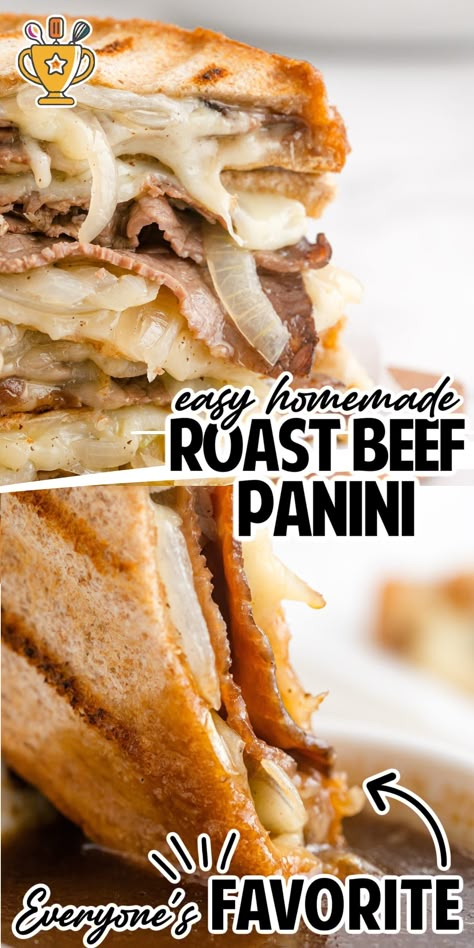 Enjoy a delicious Roast Beef Panini with Au Jus, perfect for any meal. This easy recipe combines juicy beef, melty cheese, and crispy bread. Roast Beef And Cheddar Panini, Roast Beef Panini Recipes, Recipes Using Roast Beef Deli Meat, Roast Beef Melt Sandwich, Roast Beef Panini Sandwiches, Roast Beef Sandwich With Au Jus, Hot Roast Beef Sandwich With Gravy, Roast Beef Melt, Roast Beef Panini