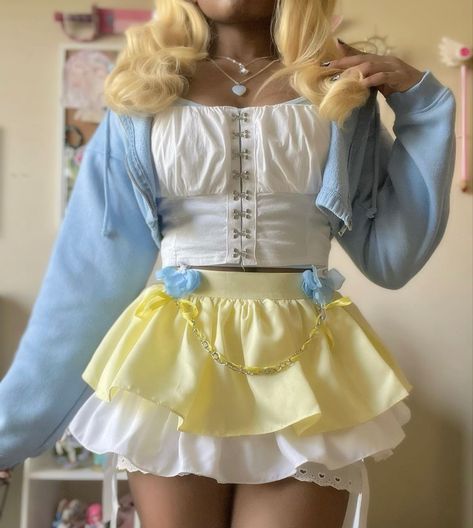 instagram:@angel_dust222 #kawaii #fashion #cute #outfits #outfitideas #sanrio Pastel Blue And Yellow Outfit, Angel Core Fashion, Pastel Kidcore Clothes, Cute Rainbow Outfits, Yellow Cute Outfits, Soft Yellow Outfit, Blue And Yellow Clothes, Descendants Genderbend, Yellow And Blue Outfits