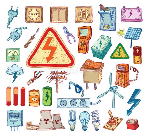 Electricity Doodle icon collection, vector illustration stock illustration Kawaii, Electricity Doodle, Electric Stickers, Electrical Stickers, Engineering Doodles, Electrical Engineering Aesthetic, Electricity Drawing, Electricity Aesthetic, Electricity Illustration