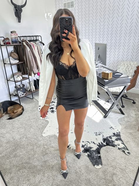 date night outfit | date night outfit ideas | vegas outfit ideas | vegas night out outfit | vegas nightclub outfit | lace bodysuit outfit | leather mini skirt | oversized white blazer outfit | black and white outfit | sparkly bow heels Lace Bodysuit Outfit Skirts, Black Bodysuit Outfit Night, Oversized White Blazer Outfit, Lace Body Suit Outfits Night Out, Bodysuit Outfit Skirt, Black And White Outfits Party Night, Vegas Nightclub Outfit, Skirt And Bodysuit Outfits, Body Suit Outfits Night Out